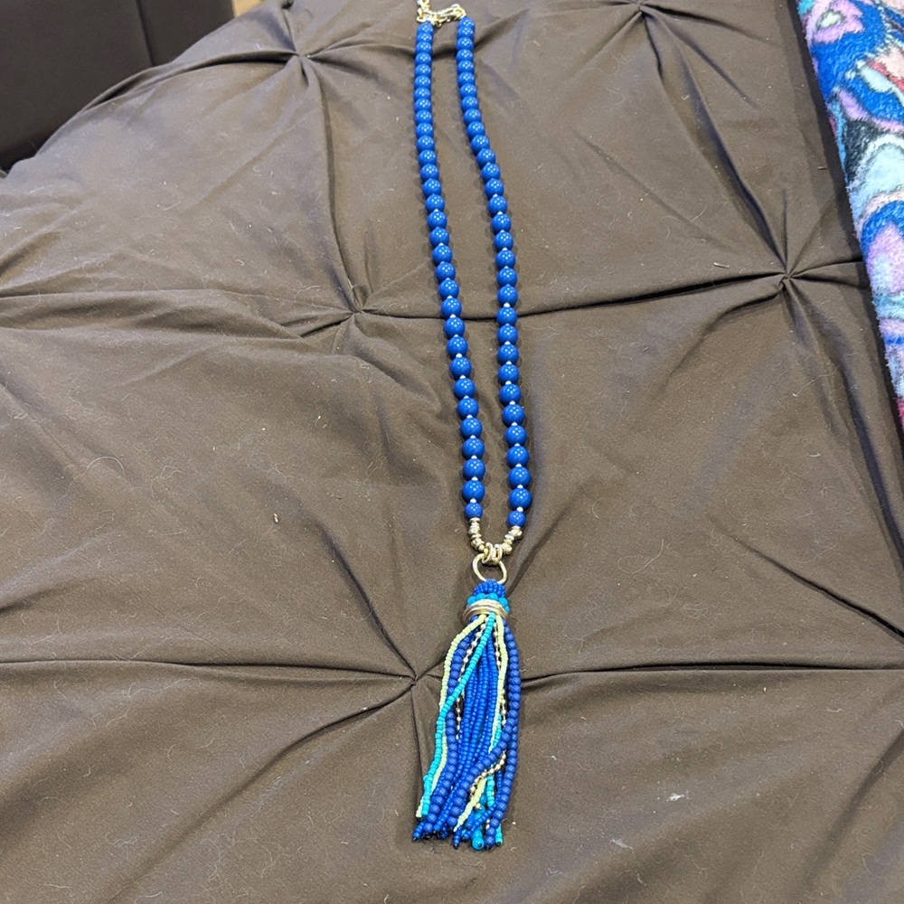 Chico's Vibrant Blue Beaded Necklace with Tassel